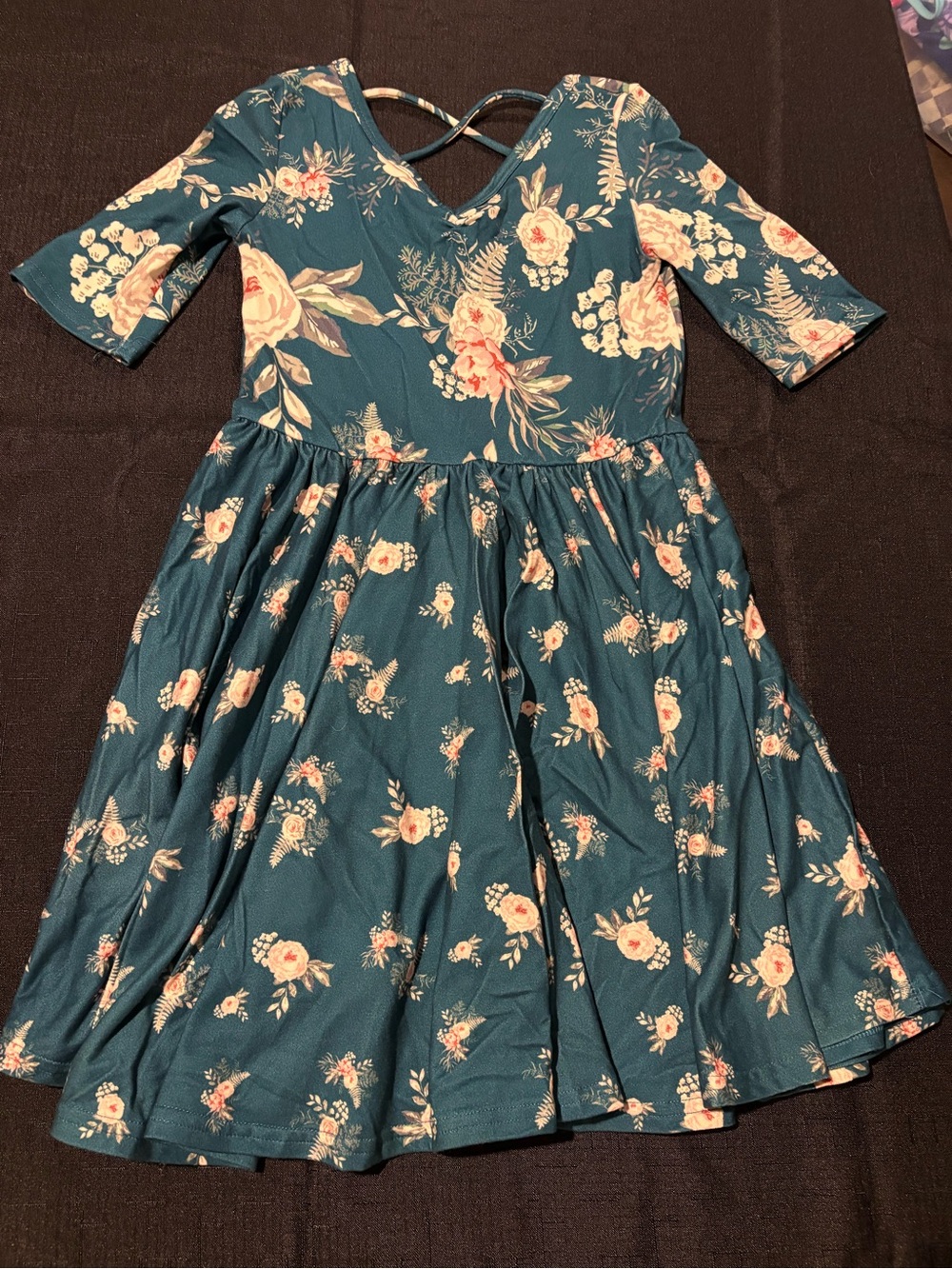 Dot Dot Smile Teal Floral Fit-and-Flare Dress with Crisscross Back